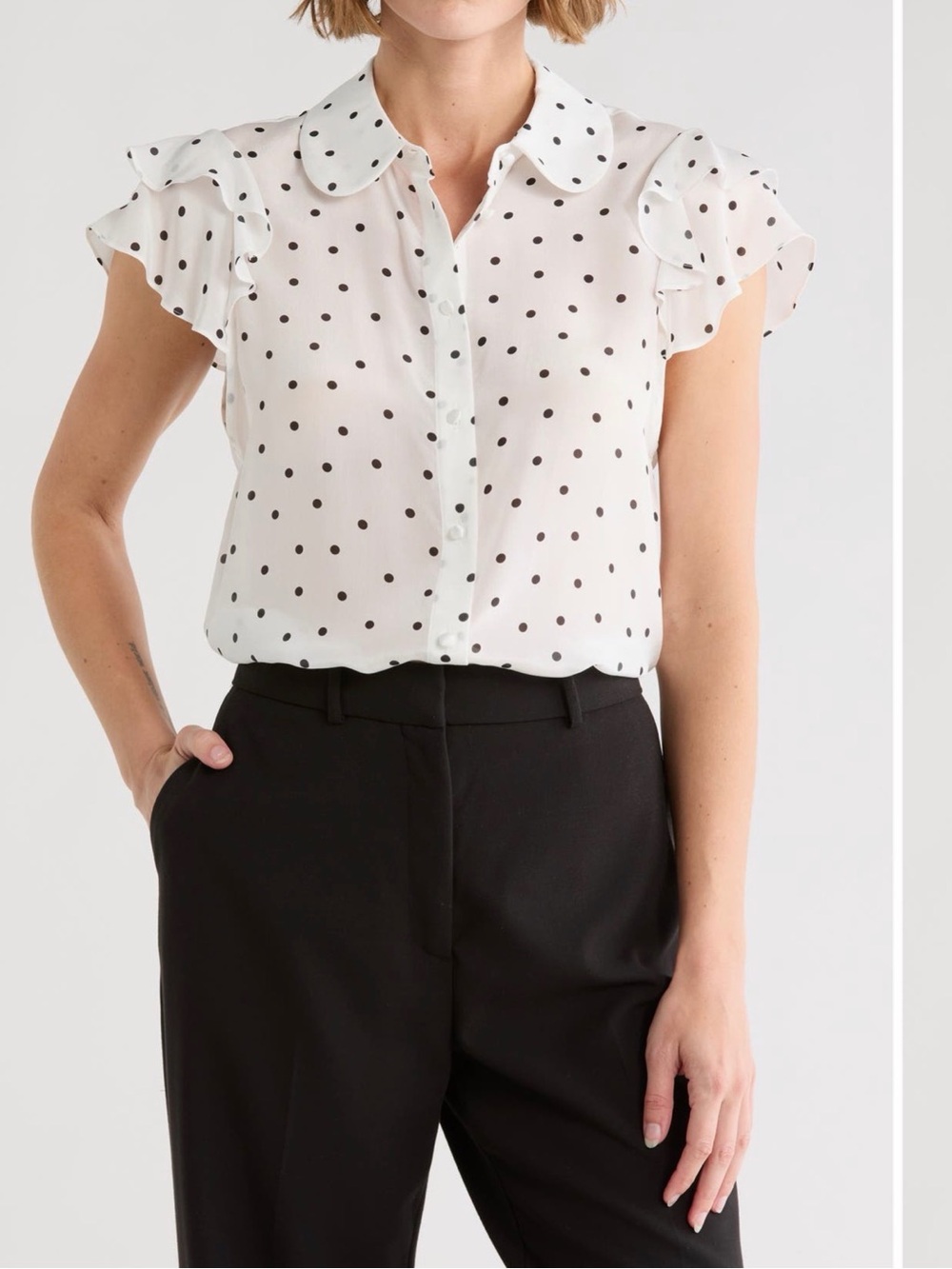 NWT Alice + Olivia White Polka Dot Silk Flutter Sleeve Blouse - Size M